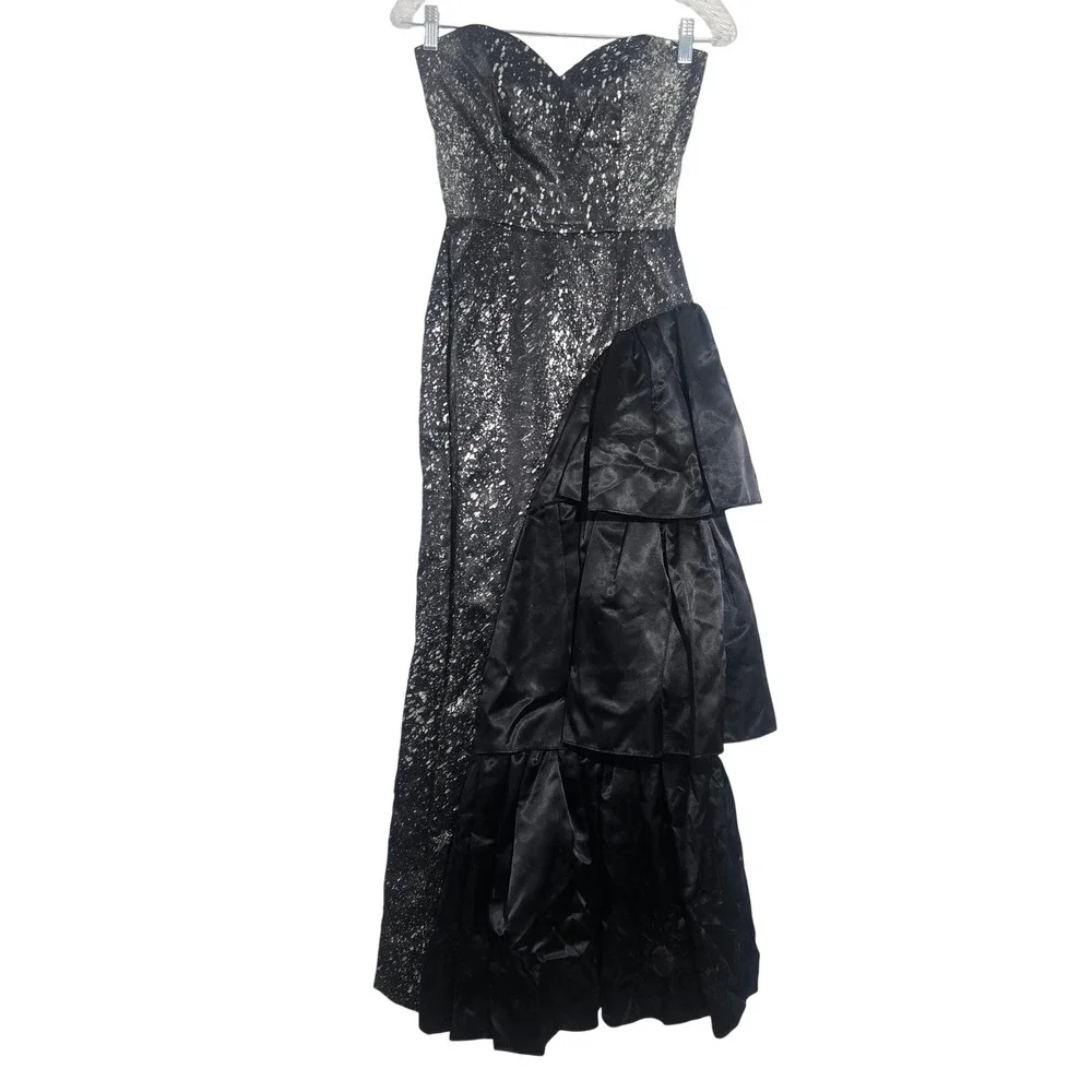 80s prom dress size 6 TD4 by Eletra Vintage 80s Prom Gown Silver Metallic Splatter Ruffle Dress  5/6